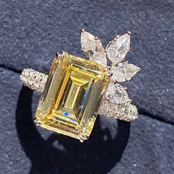 "Yellow CZ Silver Plated Flower Rectangle Crystal Ring for Women, HA4399-6 - Picture 1 of 4